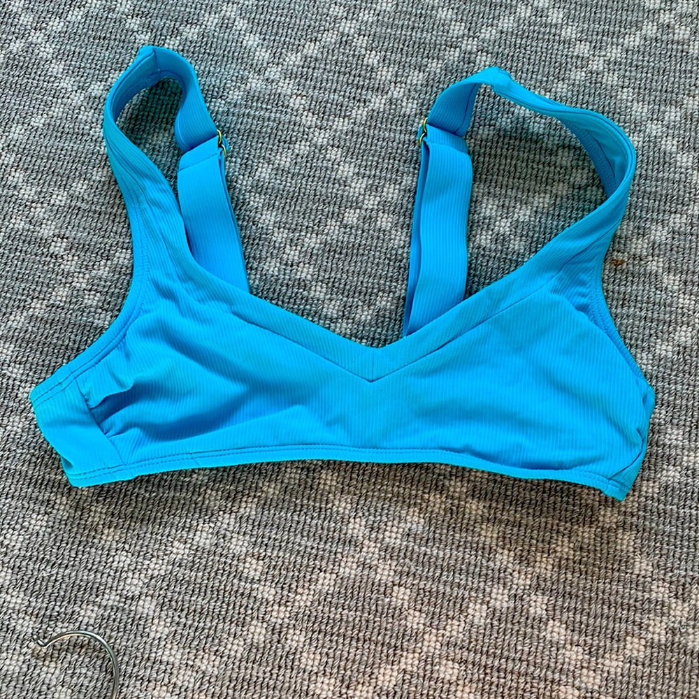 Bright blue bikini top with gold